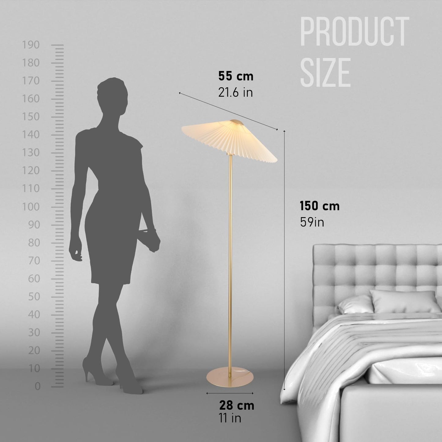 KUNJOULAM Pleated Floor Lamp,Gold Pole Floor Lamps for Living Room, Simple Design Tall Lamp with Beige Lampshade, Standing Lamp for Living Room, Office, Home