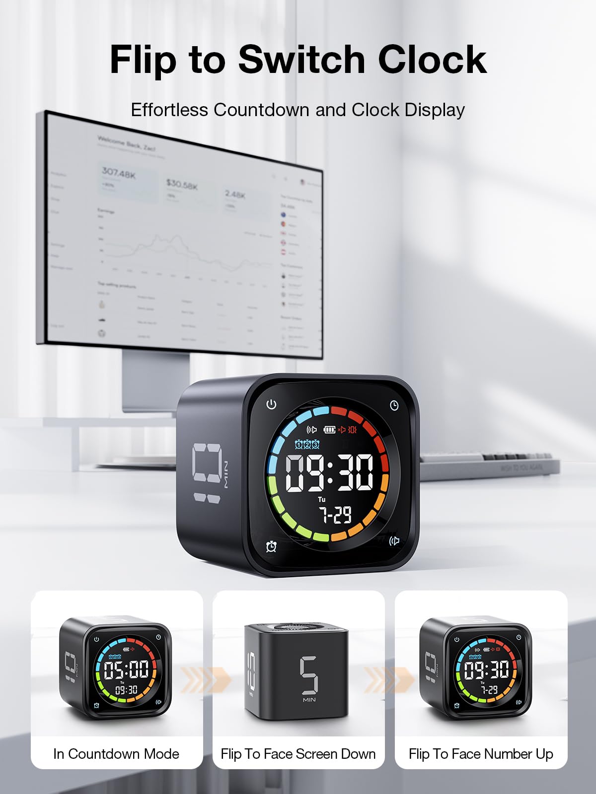 Ticktime TK3 Pomodoro Timer Cube, Productivity Timer, 5/10/30/60 Min Presets, Custom Countdown, Stopwatch & Clock, Triple Alarms, Silent/Vibration/Sound Alerts, Rechargeable for ADHD Study Task, Black