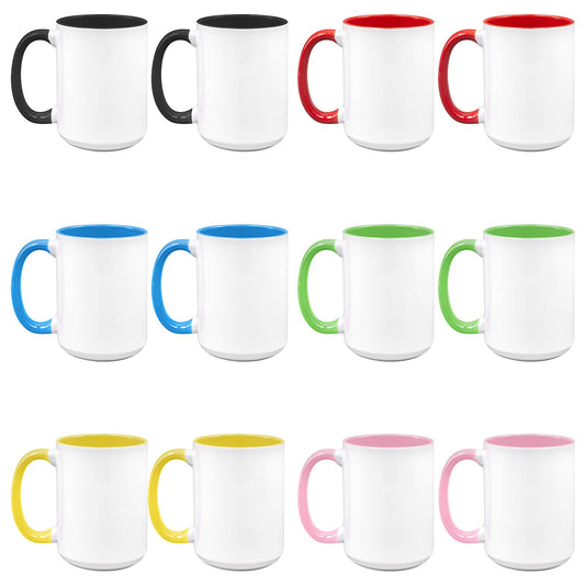15Oz Sublimation Mugs, 12 Pack Sublimation Cups with Gift Box, 6 Assorted Colors, Tazas para Sublimacion, Blank Sublimation Coffee Mug White Ceramic Plain Mug for Tea, Milk, Latte, Heat Press Print