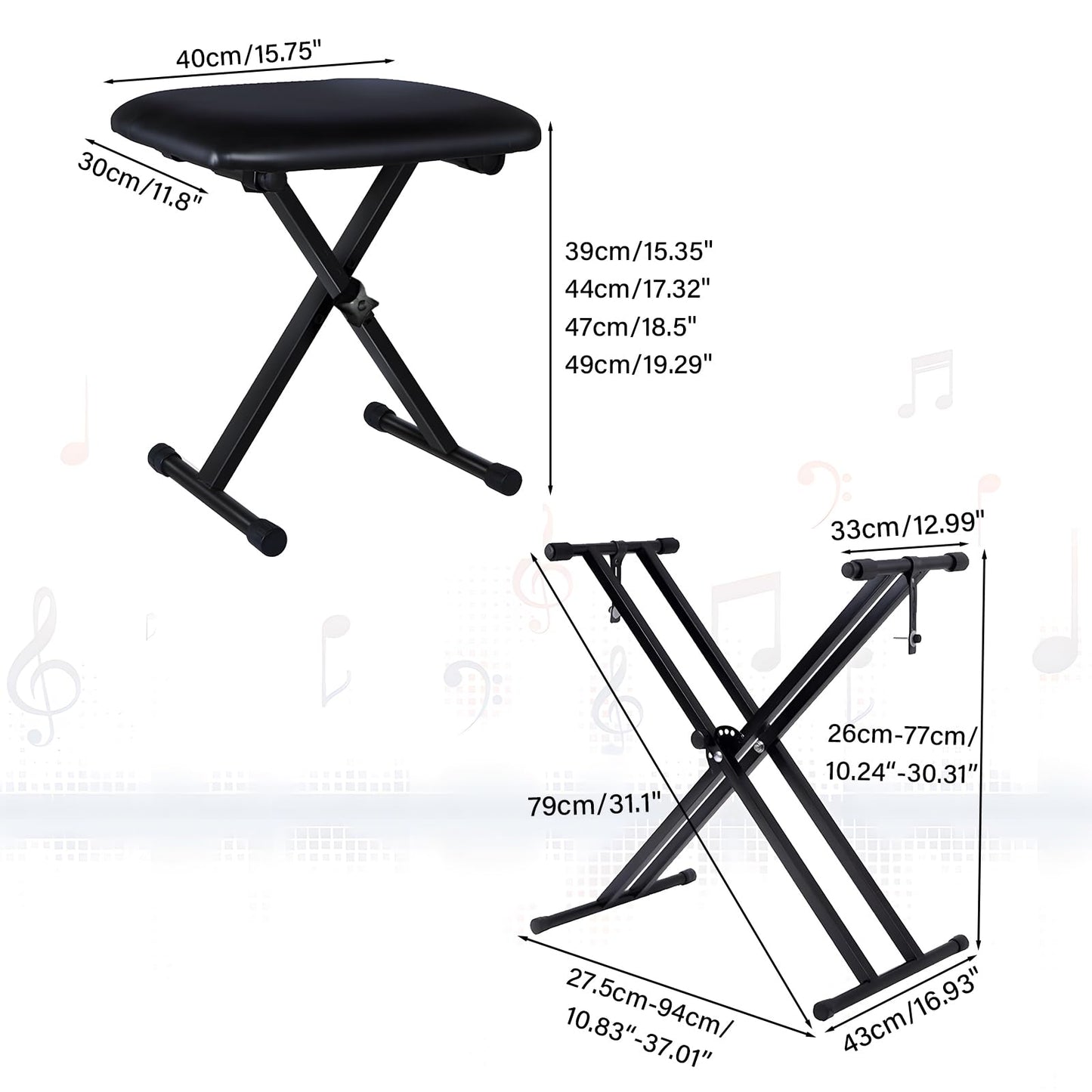 ASDJAKZP Keyboard Stand and Bench Set, Piano Keyboard Stand and Bench with Lockable Straps & Non-Slip Pads, Double-X Keyboard Stand Adjustable Digital Piano Stand and Bench, 7 Adjustable Heights (Black)