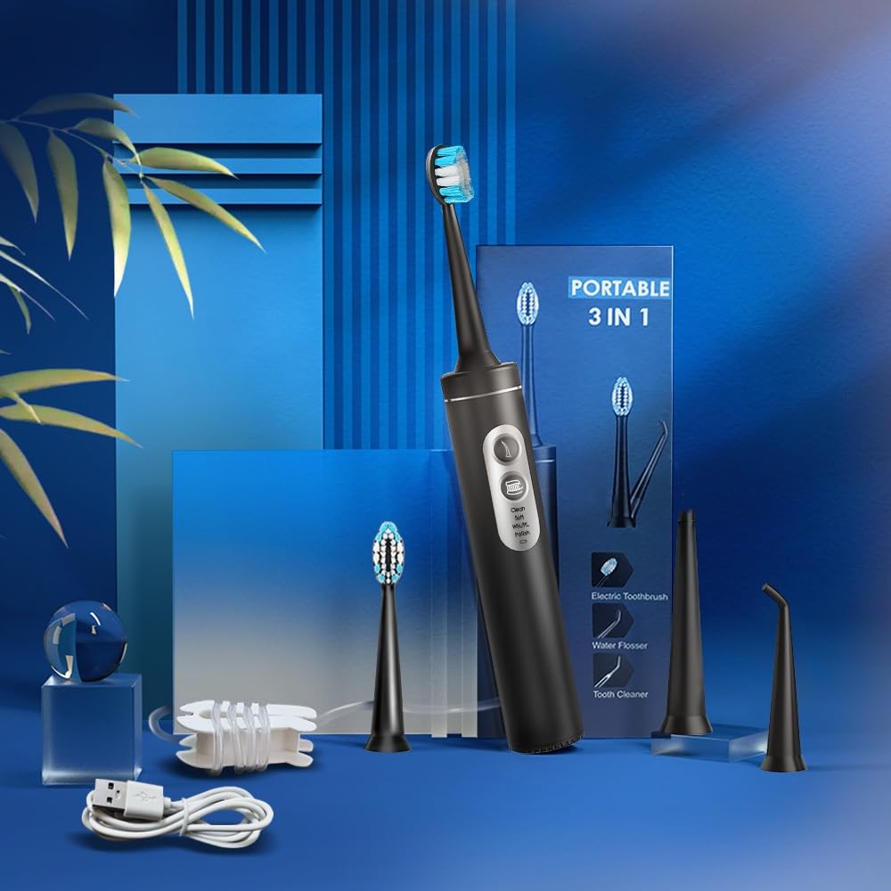 3 in 1 Electric Toothbrush With Water Flosser Combo - 4 Modes for Adults, Portable for Travel and Home