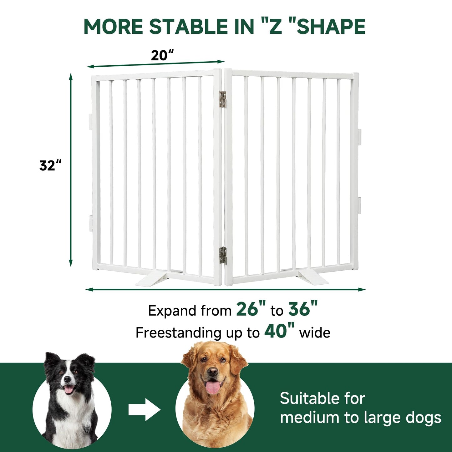 Snagle Paw Full Metal Freestanding Dog Gate,Indoor Outdoor Pet Gate with Floor Protect Support Feet, 40x32 Inches Foldable Dog Fence for Stairs, Hallways and Doorways (32'' H 2 Panel, White)