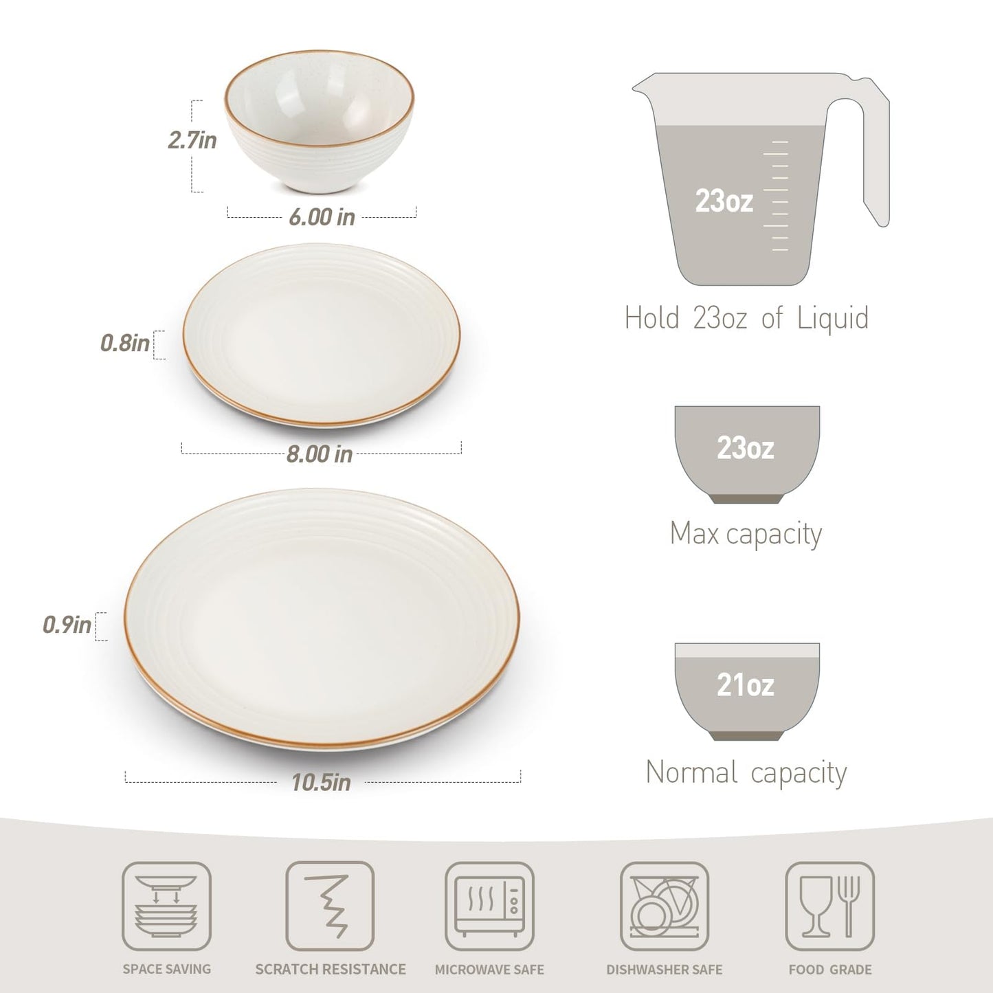 Richmount Jupiter Dinnerware Set, Plates and Bowls Sets for 4, Microwave and Dishwasher Safe, Scratch Resistant, 12 Pieces Dishes Set, White