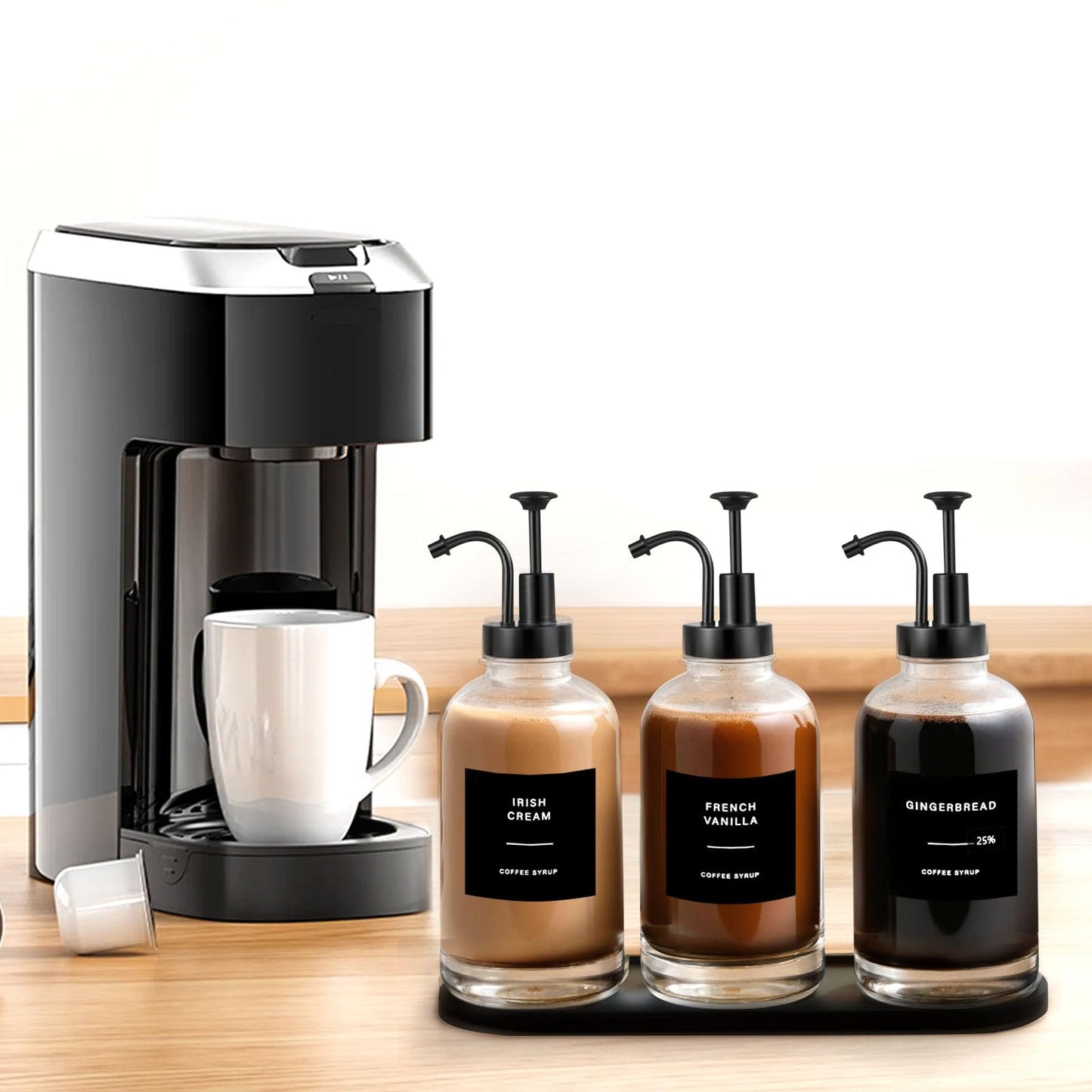 Sunal 3pack Coffee Syrup Dispenser,Black 16.9 oz/500ml Glass Pump Bottles with Tray,Syrup Dispenser with Funnel&36 Labels for Kitchen&Coffee Bar