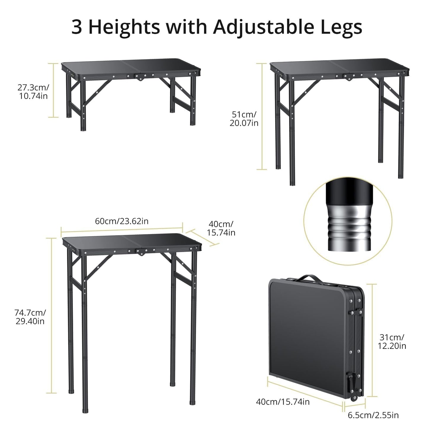 Anbte 2ft Small Folding Table Max 29.5" with Storage Net, 3 Adjustable Height Sturdy Aluminum Camping Table with Portable Handle, Lightweight, for Travel Outdoor Beach Picnic, 23.2" x 16", Pure Black