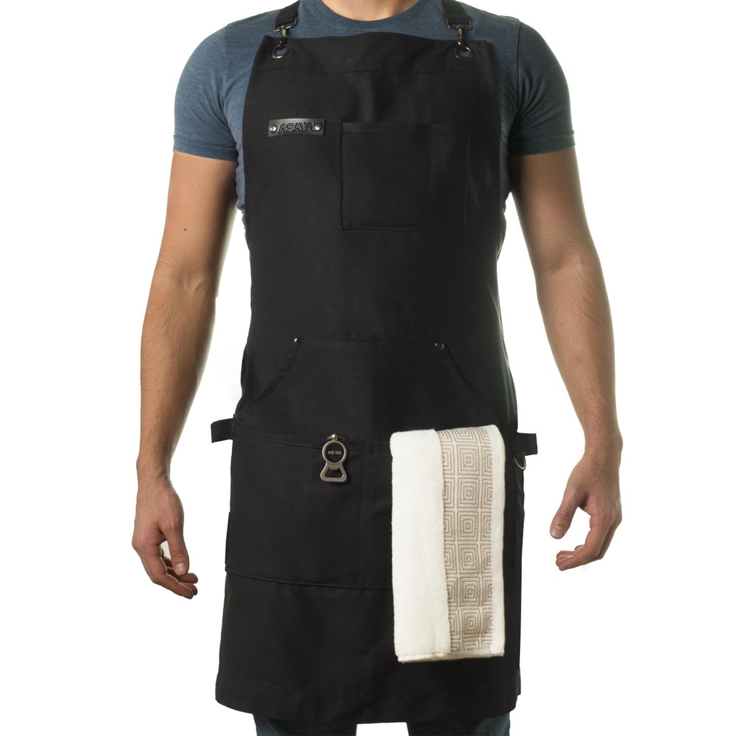 Asaya Chef BBQ and Work Apron with Bottle Opener - Hand Towel-Durable 10oz Cotton Canvas,Brass Hardware and Cross Back Straps (Black)