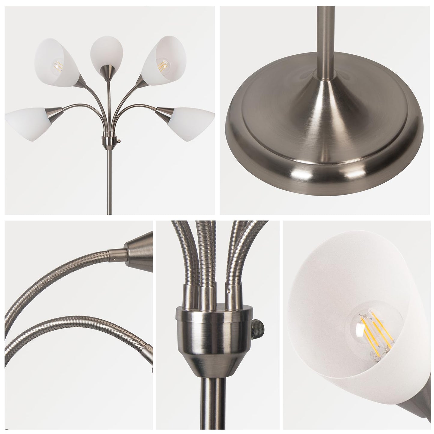 HonoDing Medusa Floor Lamps Standing Lamps 5 Heads Adjustable Reading Light Large Shade Use E26 A19 Bulb Floor Lamps for Living Room Bedroom (Satin Nickel)