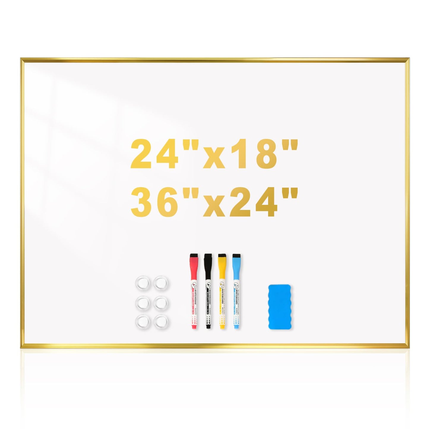 Magnetic White Board with Slim Gold Aluminum Frame 36 x 24 Inch, Large Wall-Mounted Dry Erase Board for Home & Office, Horizontal/Vertical Hanging, Includes 11 Accessories (Markers, Magnets, Eraser)