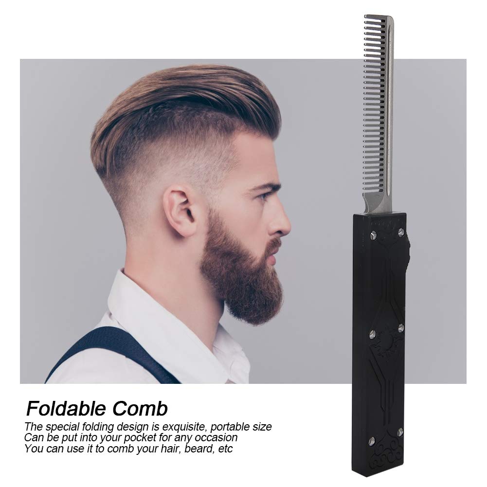 TeamSky Spring Comb Pocket Folding Flick Hair Comb For Beard, Mustache, Head Black Handle, Mens Pocket Comb Stainless Steel Spring Jump Brush Salon Beauty Tool