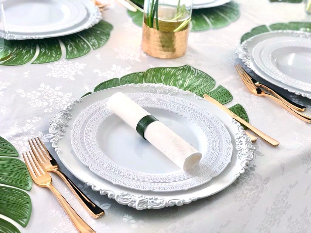 " OCCASIONS" 50 piece (25 guest) Extra Heavyweight Vintage Wedding Disposable/Reusable Plastic Plates (25 x 11'' dinner + 25 x 8.25'' salad/dessert) Chateau Collection in White