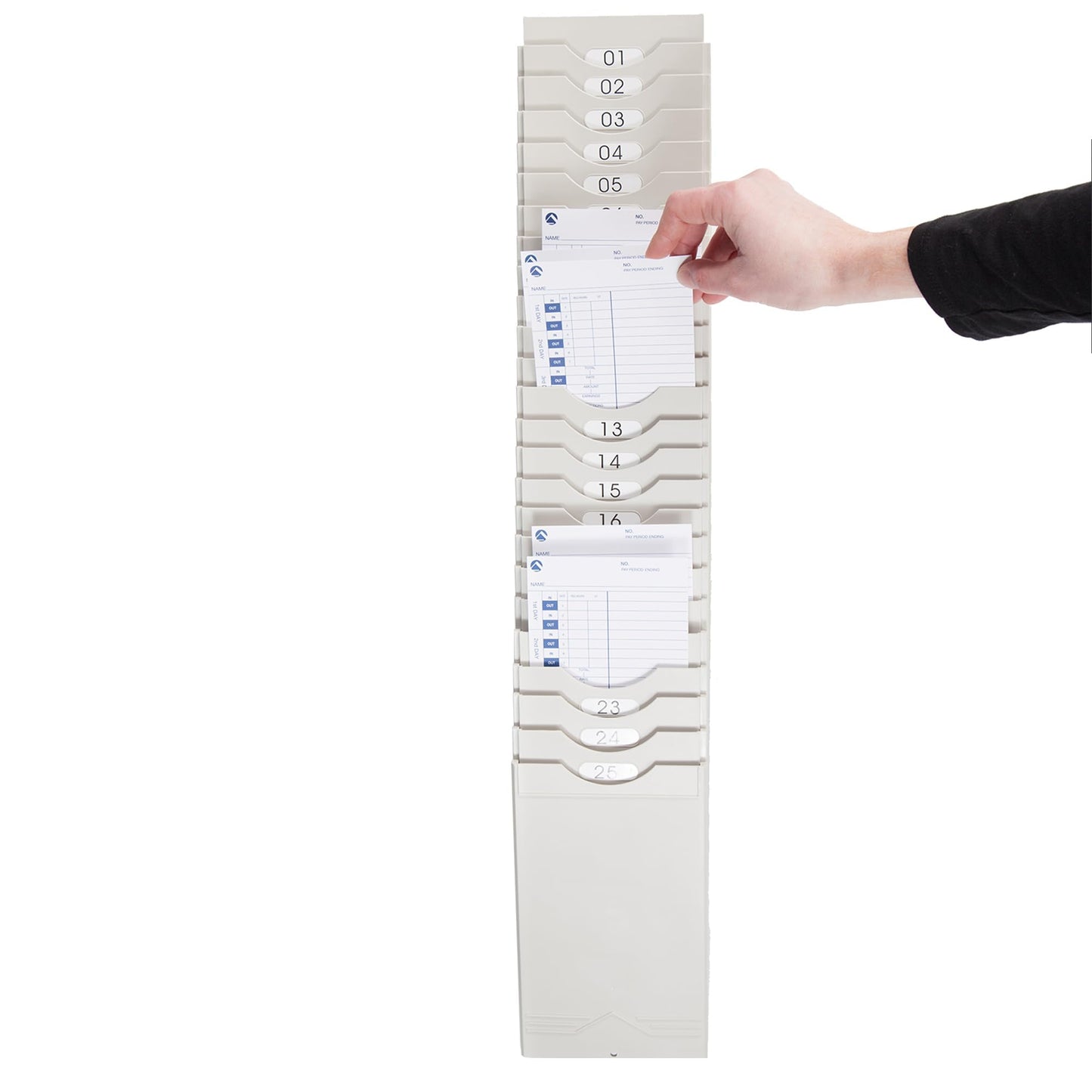 Pyramid Time Systems 400-X Expandable Wall-Mounted Time Card Rack, 25 Employee Card Slots, Includes Numbered Self-Adhesive Labels and Mounting Hardware, Lightweight Durable Plastic, Gray