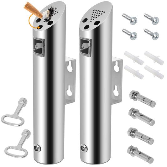 2 Pcs Wall Mounted Trash Can Outdoor Waste Receptacle, Stainless Steel Cylinder Commercial Trash Bin Container for Patios, Restaurants, Bars, Hotels, Offices, Silver