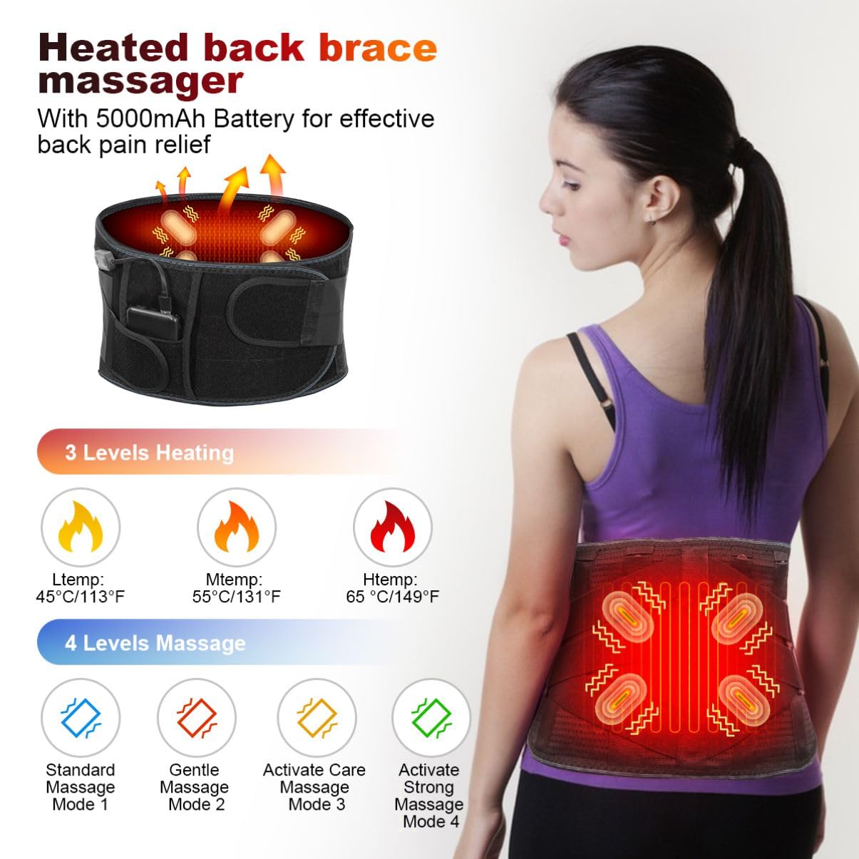 6xigouma Heating Pad Back Massager Brace for Lower Back Pain Relief, Cordless Heated Back Brace Vibration Wrap with Rechargeable Battery, Warmer Lumbar Support Belt with Massage for Cramps, XL