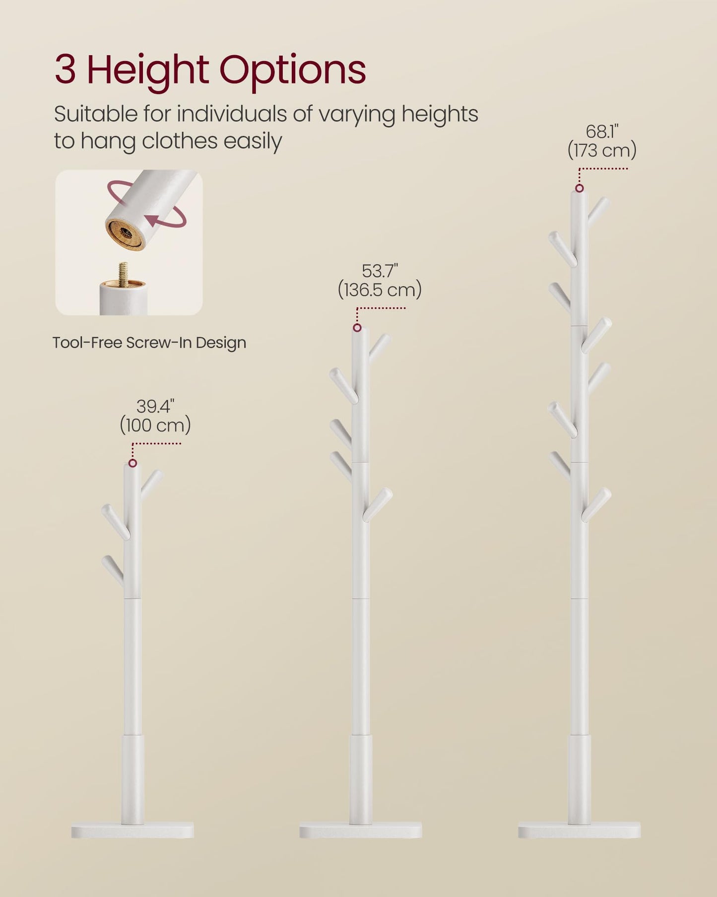 VASAGLE Solid Wood Coat Rack, Free Standing Hall Coat Tree with 8 Hooks, 3 Height Options, for Coats, Hats, Bags, Purses, for Entryway, Hallway, Rubberwood Hooks and Pole, Cloud White URCR010W02