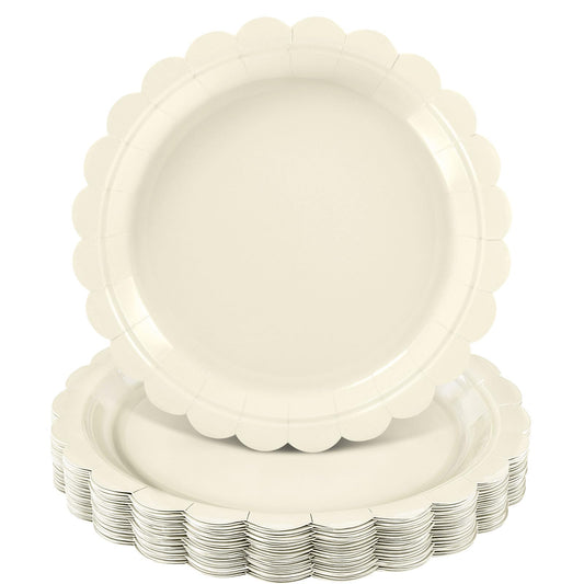 NatNarr 30 Pcs Ivory Paper Plates 9 Inch Disposable Scalloped Cream Plates Cute Beige Dessert Cake Plate Party Dinner Plate for Baby Shower, Wedding, Bridal Shower