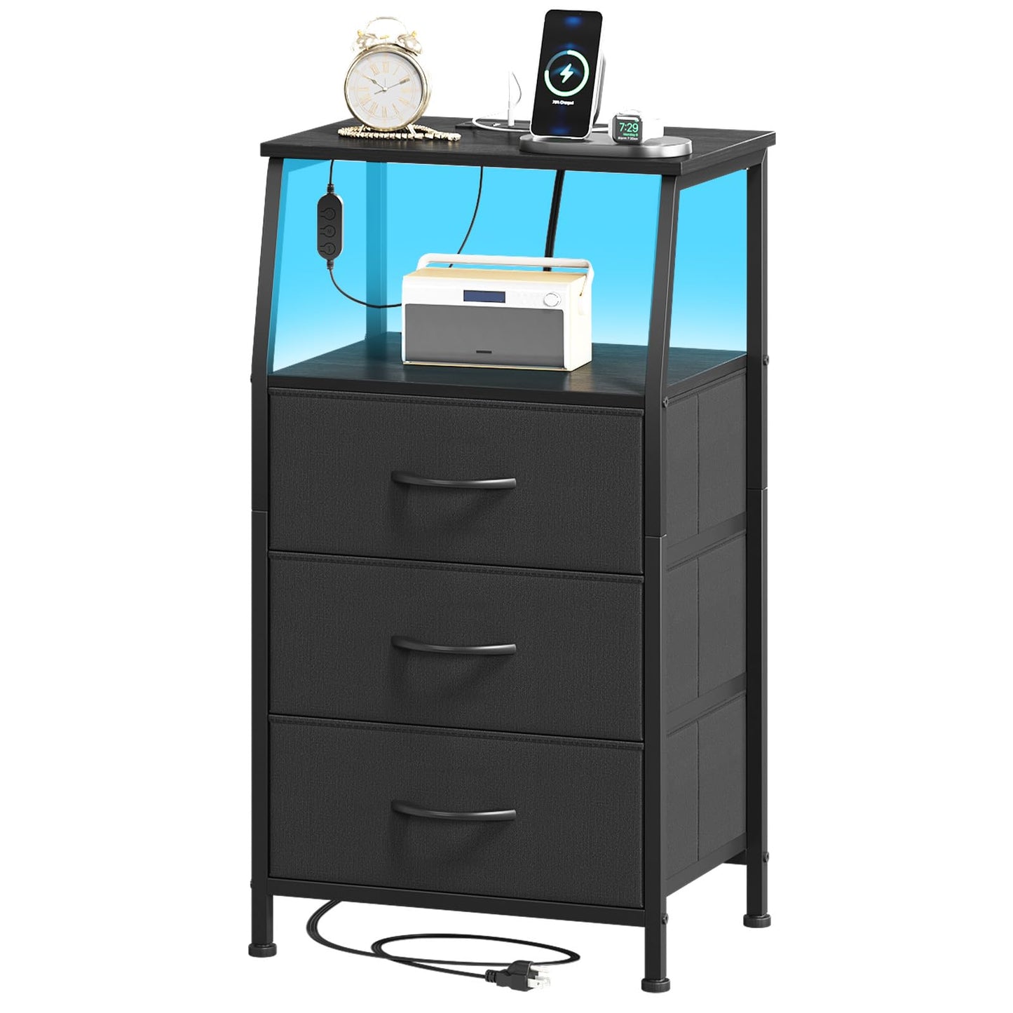 Somdot Nightstand with Charging Station and LED Light for Bedroom, Tall 3 Drawers Dresser with Fabric Bins for Bedside Dorm Kids Closet Laundry Entryway, Black