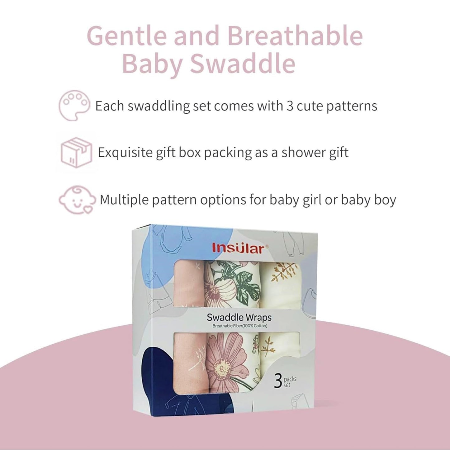 Insular Baby Swaddle Wrap, Swaddle Blanket for Newborn and Infant, Adjustable Swaddle Set for Boy and Girl, Soft Cotton Baby Sleep Sack 3 Pack, Small(0-3 M), Floral