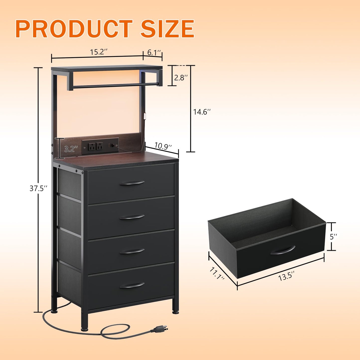 SJAVX Night Stand with Charging Station, End Table with LED Light, Small Bedside Table with Wood Shelf, 4 Fabric Drawers Side Table for Bedroom, Black