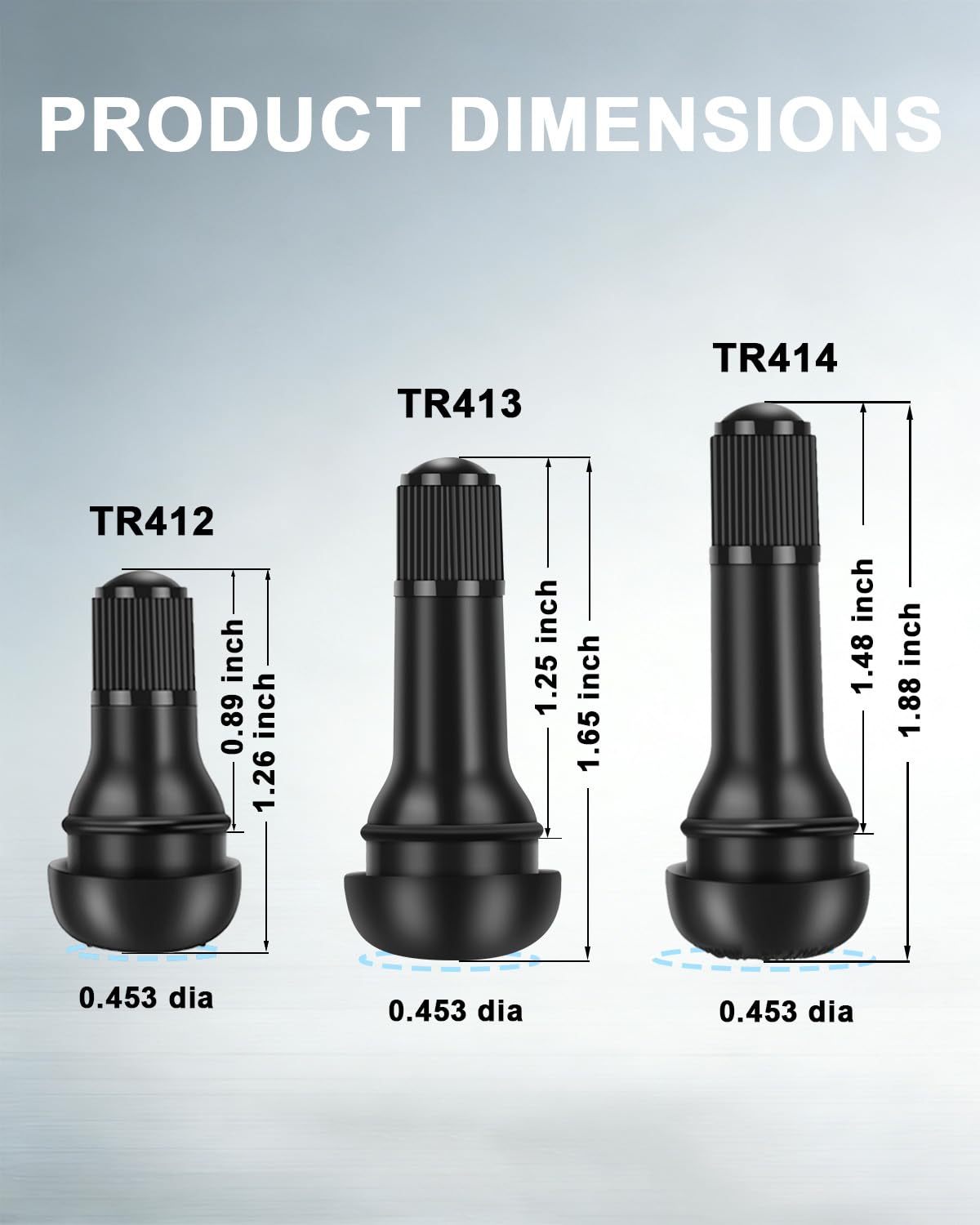 Riseuvo 150 Pcs TR412 TR413 TR414 Tire Valve Stems - Rubber Snap-in Valves for 0.453" Rim Hole Universal Fit Car, Truck, Trailer, ATV, Lawn Mower