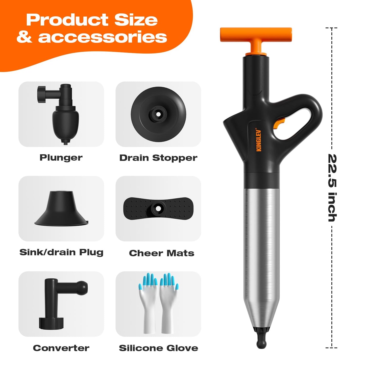 Air Drain Blaster Plunger, High Pressure Plumbing Tool for Toilets, Sinks, Bathrooms, Kitchen Drains, Stainless Steel