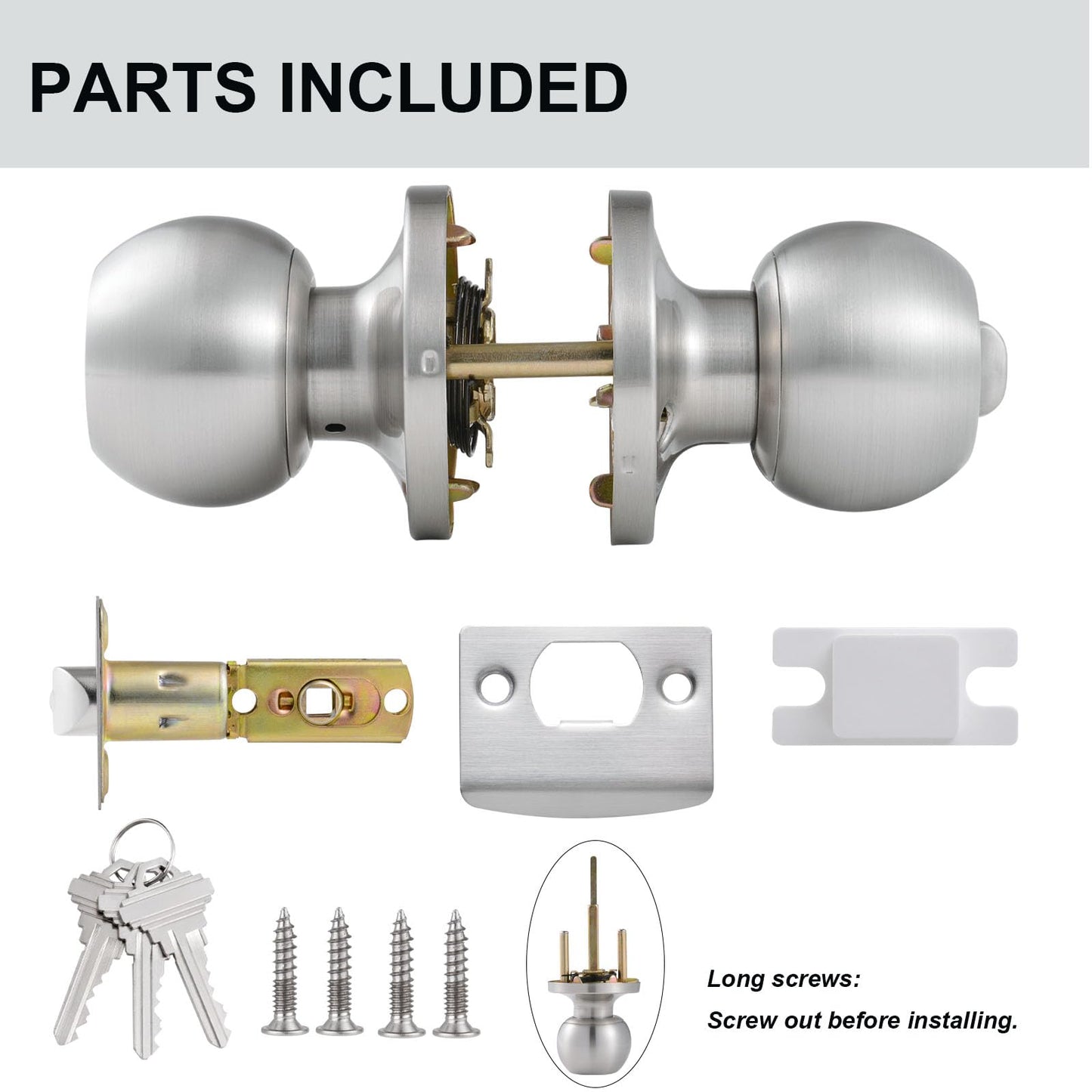 Comfhouse 3 Pack Stainless Steel Round Ball Entry Door Knob, Keyed-Alike Entrance Interior/Exterior Door Knob with Lock for Bedroom Bathroom, Front Entry Door Knobs with Lock Same Key, Satin Nickel