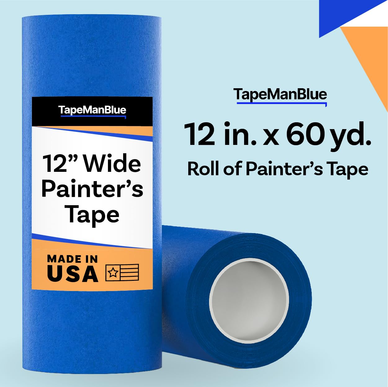 TapeManBlue Wide Blue Painters Tape, 12 Inch X 60 Yds, Made in America, Great Masking Tape for 3D Printing and Laser Cutting, Removes Cleanly for 21 Days 12 Inch X 60 Yards Blue