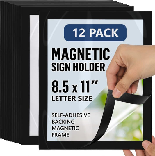12 Pack Magnetic Sign Holder 8.5 x 11 with Adhesive Back - Magnetics Poster Frame & Magnetic Paper Holder - Reusable Adhesive Frames 8.5x11 - Magnet Frame for Wall Windows - Magnet Document Holders
