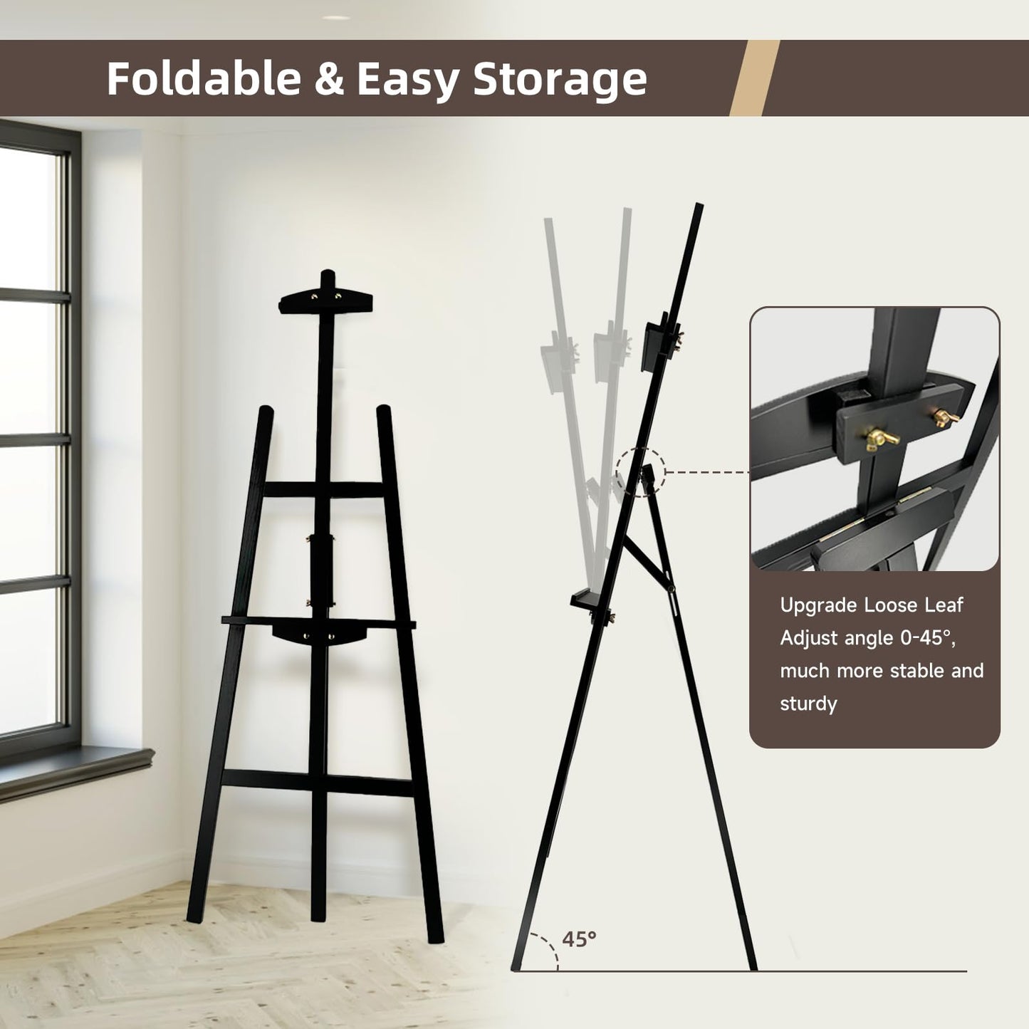Stuelloaf Adjustable Black Wooden Painting Easel, Pine Art Easel Stand Hold up to 43'', Painting Canvas for Wedding Sign and Poster, Drawing for Adults, Begginners and Students, Black