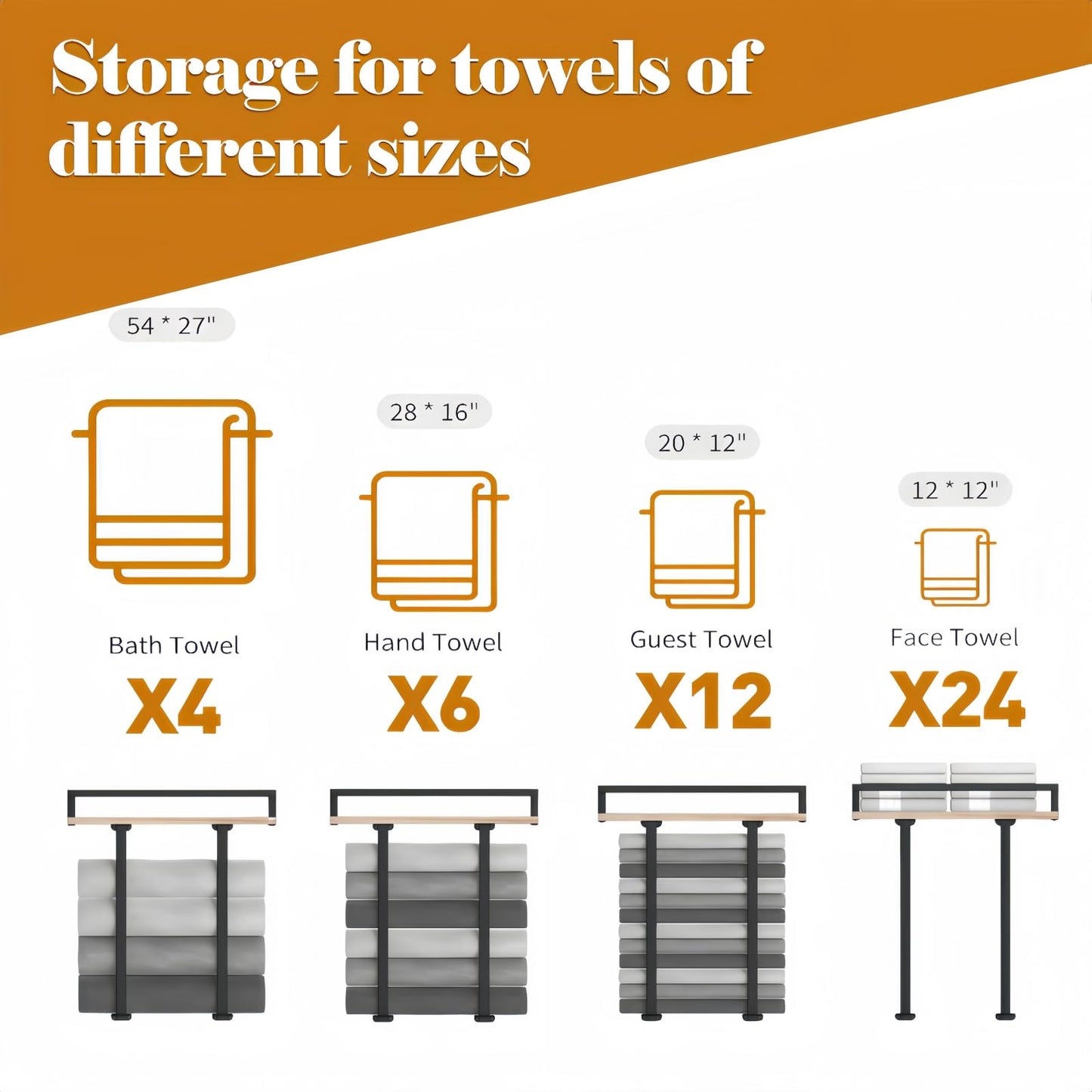 Bathroom Wall Mounted Towel Rack - Metal Towel Holder with Wooden Shelf, Easy to Install, Fits Large Folded Towels, Towel Storage Organizer for Small Bathroom & RV Camping Decor