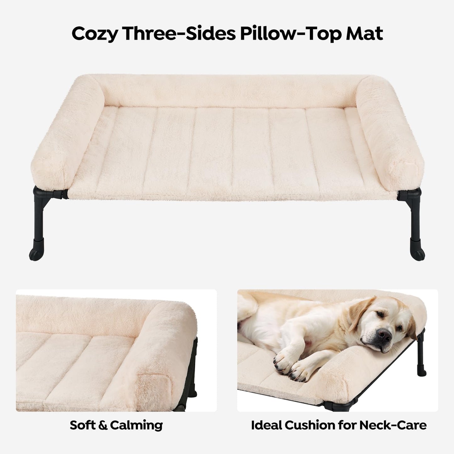 Veehoo Cooling Elevated Dog Bed + Removable Fluffy Plush Pillow Cushion, Raised Dog Bed with Washable Bolster Mat, Breathable Teslin Mesh, No-Slip Feet, 32" x 25" Dog Couch Bed, White, CWC2331E