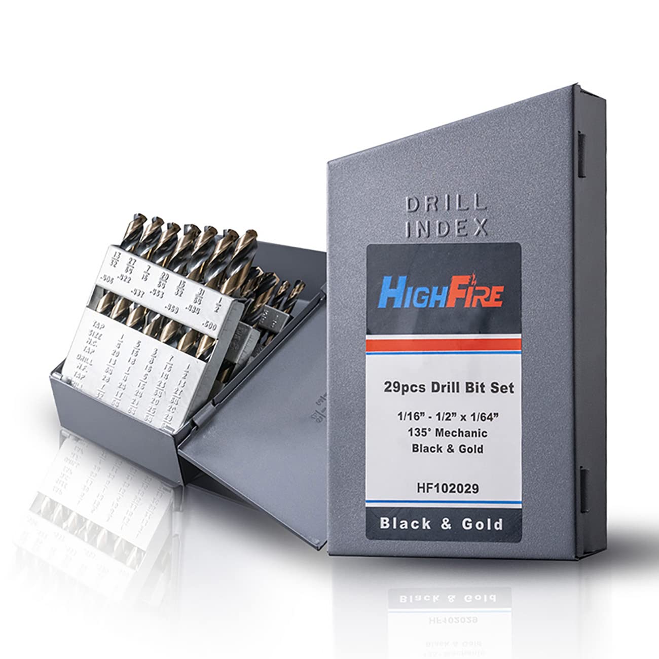 HIGHFIRE Mechanics Drill Bit Set, M2 HSS Heavy Duty Mechanic Drill Bit Kit with Black and Gold, 3-Flat Shank Twist Drill Bit Set for Metal with 135 Degrees Split Point 29 PCS