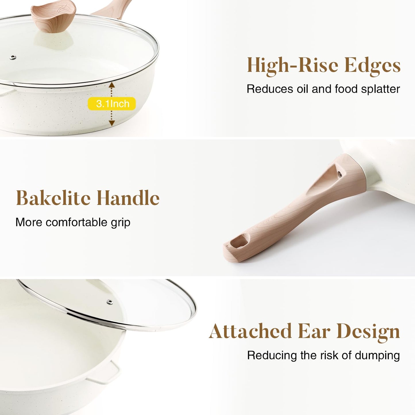 Kordisen Non-stick ceramic deep frying pan, 30cm non-toxic large frying pan with lid, healthy jumbo stove, frying pan for cooking, induction cookware, PFOA and PFOAS free