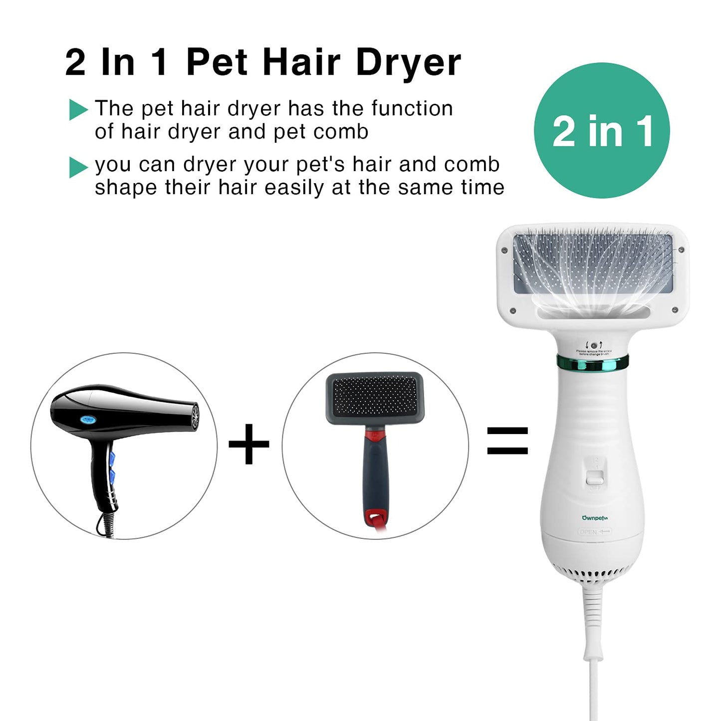 Ownpets Pet Hair Dryer, 2 in 1 Portable Home Pet Grooming Hair Dryer, Adjustable Temperature Settings & Low Noise, Pet Care for Medium Small Large Dogs Cats,with Slicker Brush and Fur Remover