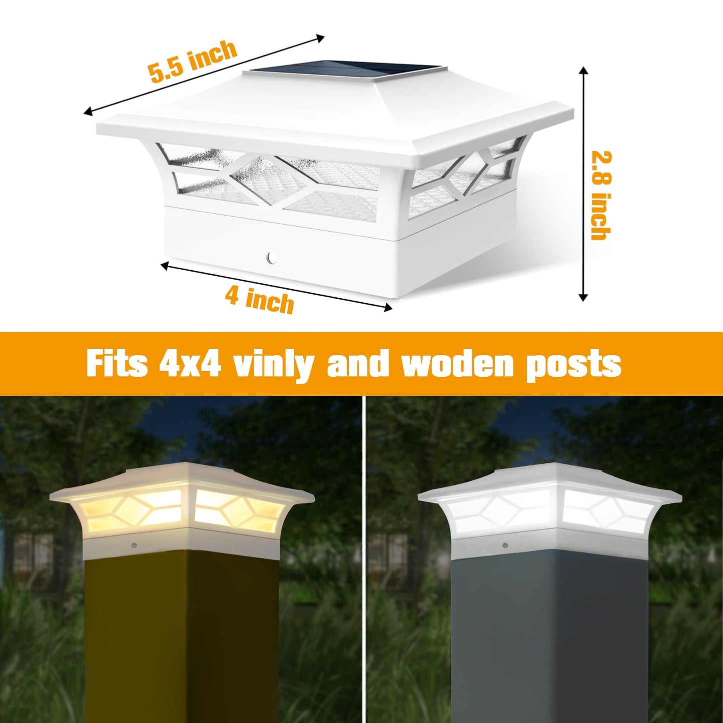 JOFIOS Solar Post Cap Lights - White Solar Fence Deck Post Lights for 4x4 Vinyl/Wooden Posts, Outdoor Warm White/Cool White Lighting, Waterproof Decorate Garden Pathway