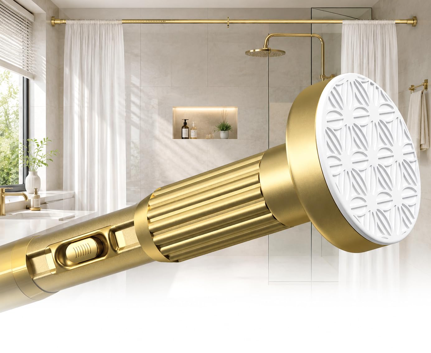ZipGlo Heavy Duty Tension Curtain Rod 41-103 Inch (4-8 Ft), 26LB No-Drill Renter Friendly & Damage-Free, Adjustable Rod for Shower, Bathroom, Window, Patio Outdoor Curtains, 1.26-In Diameter, Gold