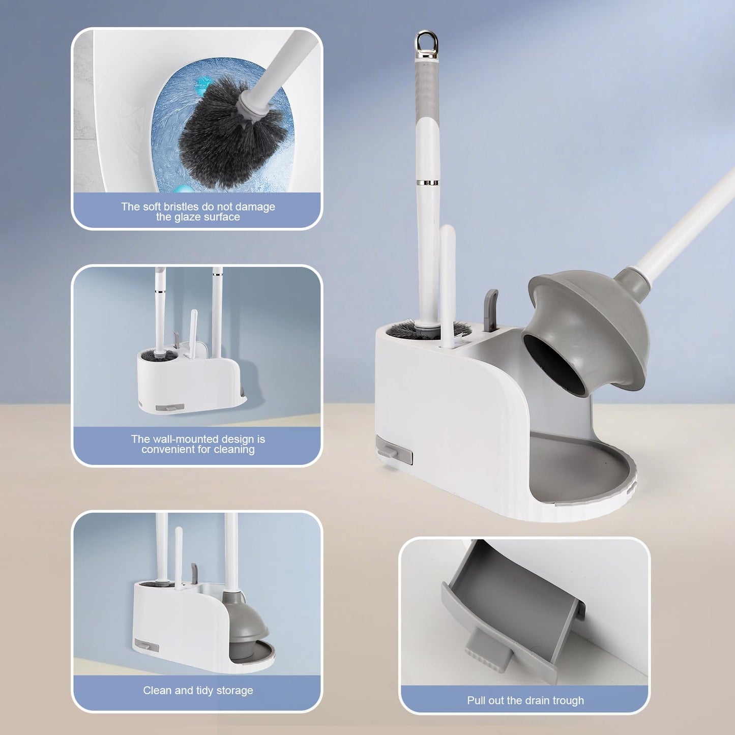 Toilet Brush and Plunger Set 4 in 1 Toilet Brush and Holder with Crevice Cleaning Brush and Clip Deep Cleaning, Wall Mounted Home Bathroom Cleaning Tool Combo （Gray 1）