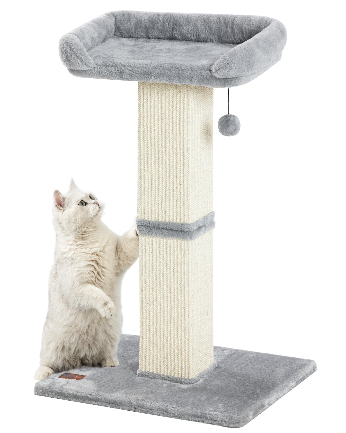 Karolpar 32" Cat Scratching Post for Indoor Cats, Sisal Cat Scratcher with Plush Perch, Large Scratch Post with Bed, Removable Cover, Sisal Fabric (Gray)
