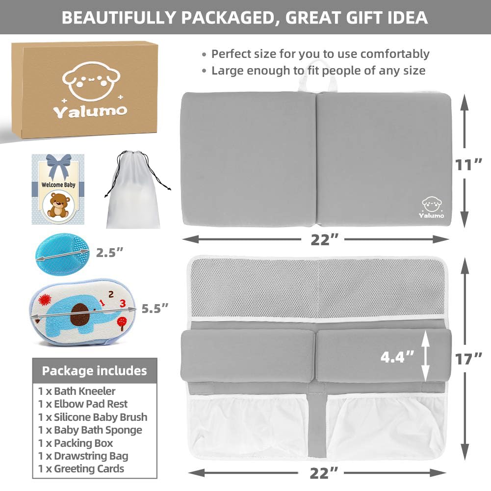 Bath Kneeler and Elbow Rest Pad Set for Baby Bathtub, Thick Non-Slip Bathing Kneeling Mat Cushion Quick Drying Bathtub Knee Saver with Arm Support and Pockets for Bathroom Time Comfort, Gray