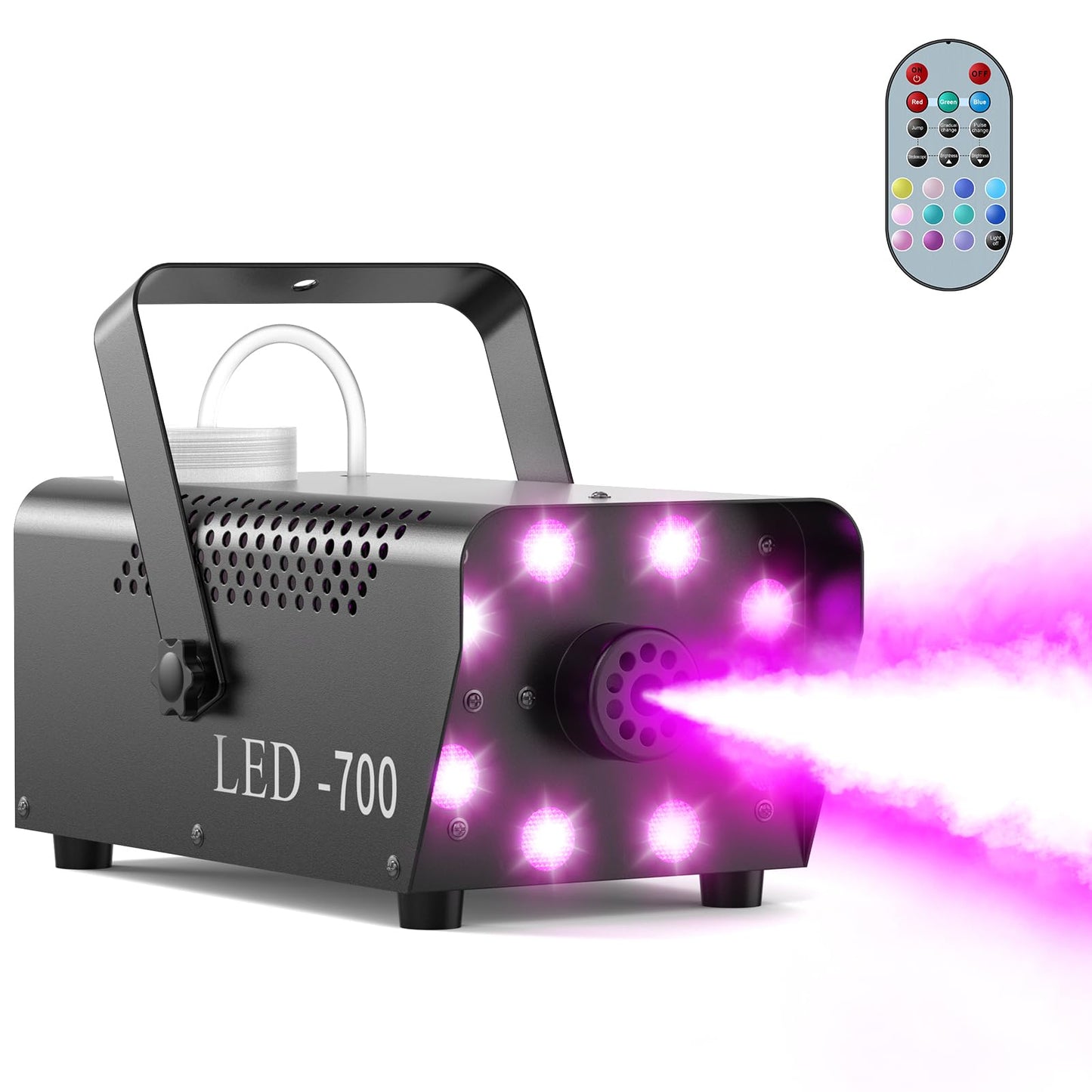 700W Compact Fog Machine with 8 RGB LEDs - Auto-Cycle Smoke & Lighting Effects, 250ml Tank, 2-3M Projection for Small Parties/Stage/Photography