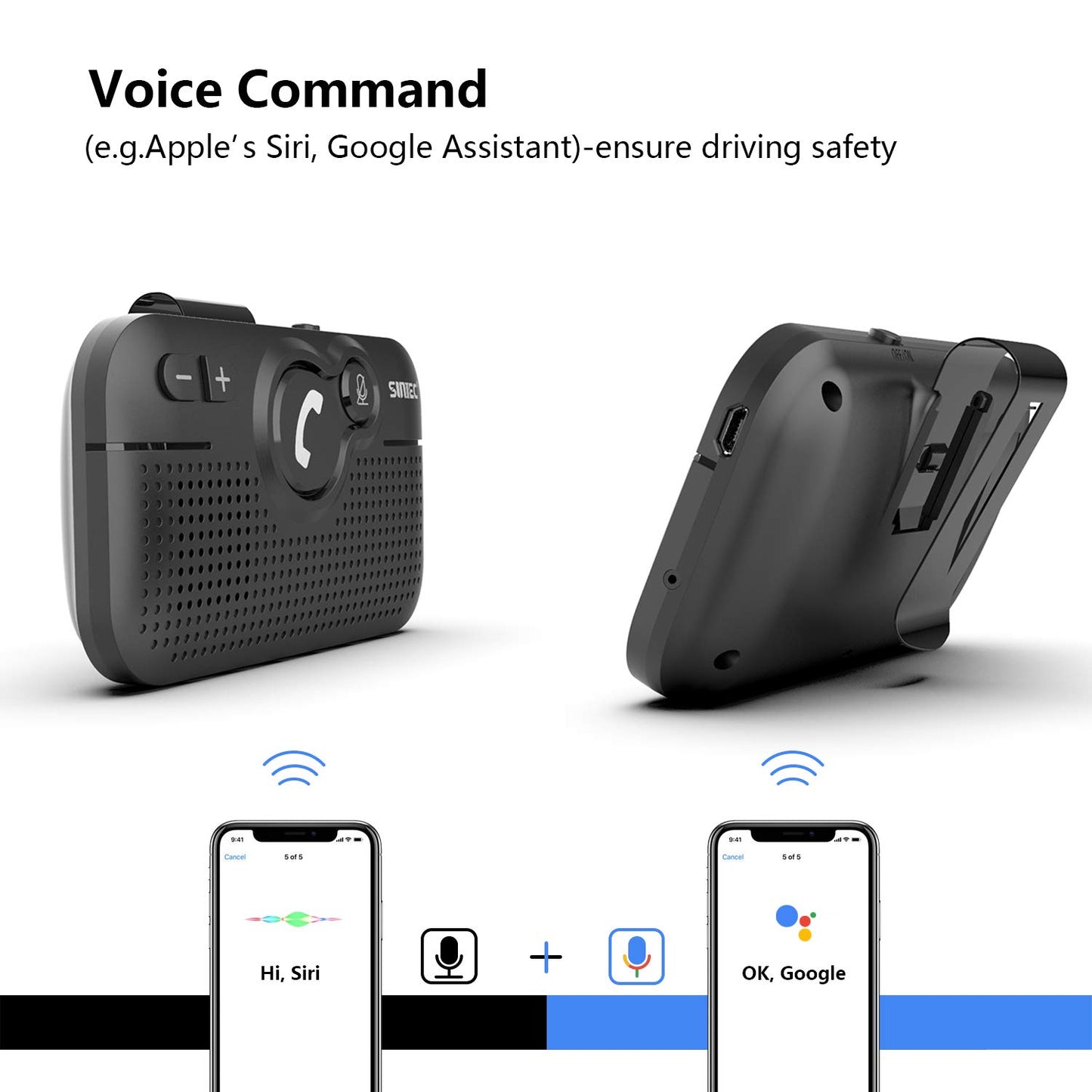 SUNITEC Hands Free Bluetooth for Cell Phone Car Kit, AUTO Power ON Bluetooth Phone Speaker for Car, Support Siri Voice Assistant Wireless in-Car Speakerphone with Visor Clip - BC980SA