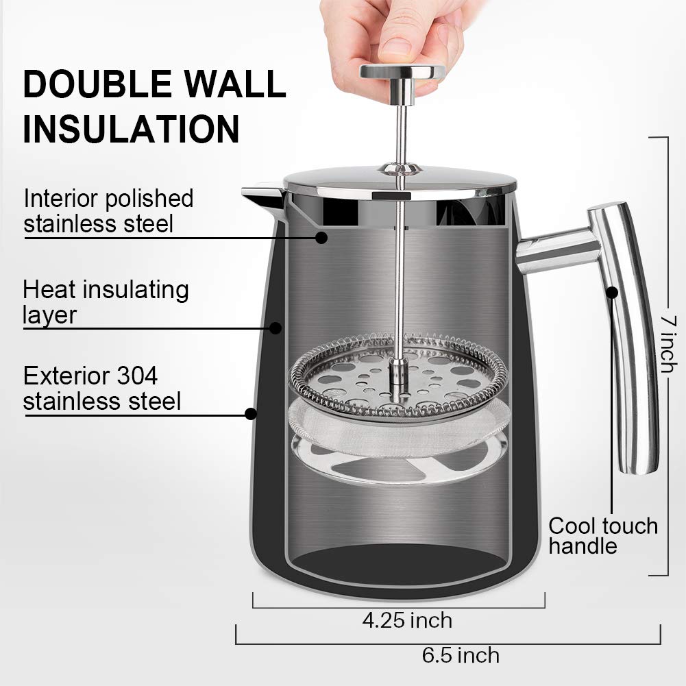 Secura French Press Coffee Maker, 17-Ounce, 304 Stainless Steel Insulated Coffee Press with Extra Screen