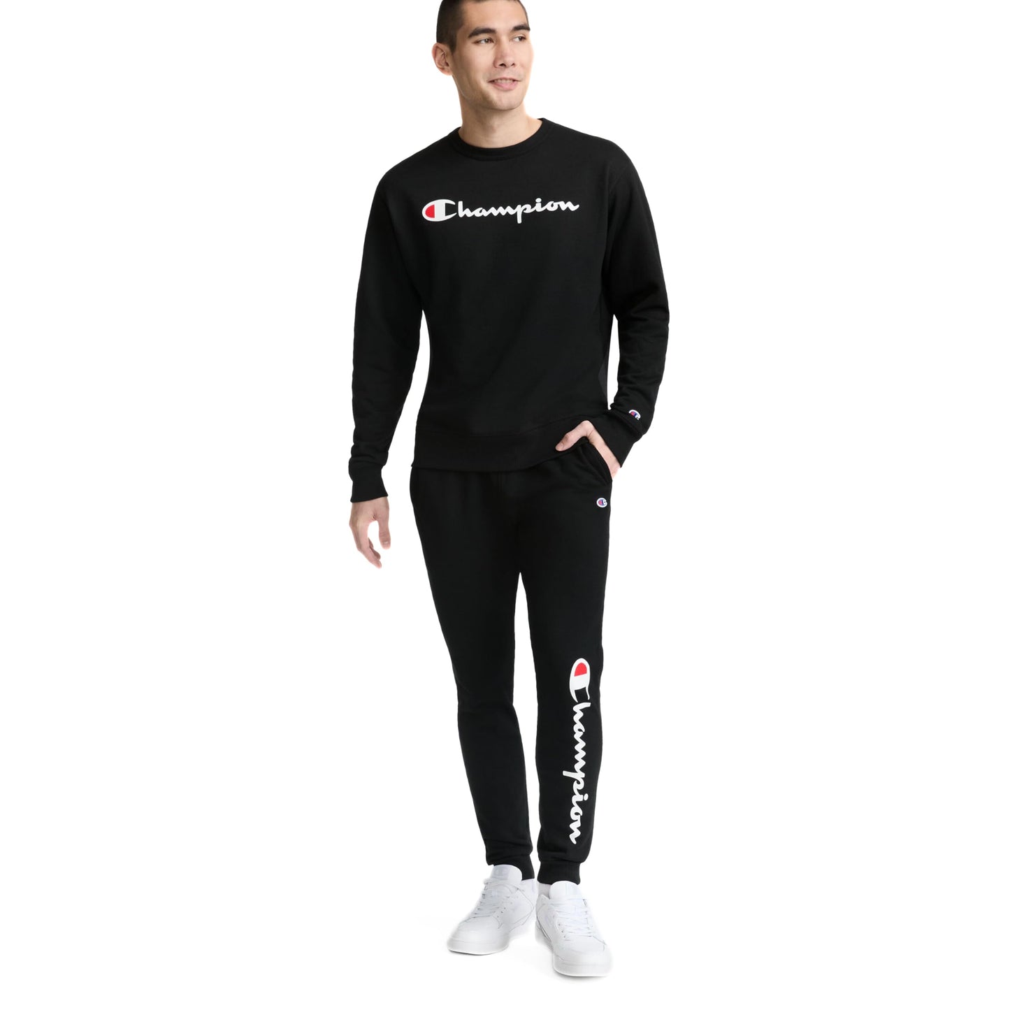 Champion Men's Joggers, Powerblend, Fleece Joggers, Sweatpants for Men (Reg. or Big & Tall), Black - Classic Script Logo, Large