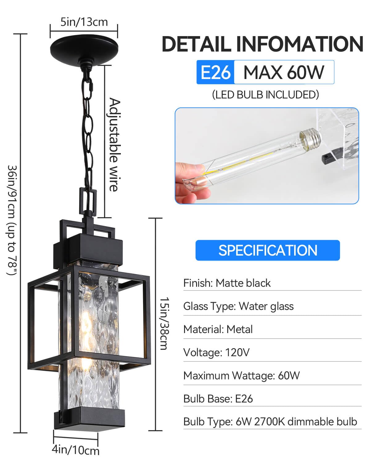 Outdoor Pendant Light for Porch, Waterproof Hanging Ceiling Lantern with Water Glass, Black Exterior Light Fixture for Front Door Gazebo Entryway, E26 Base, LED Bulb Included