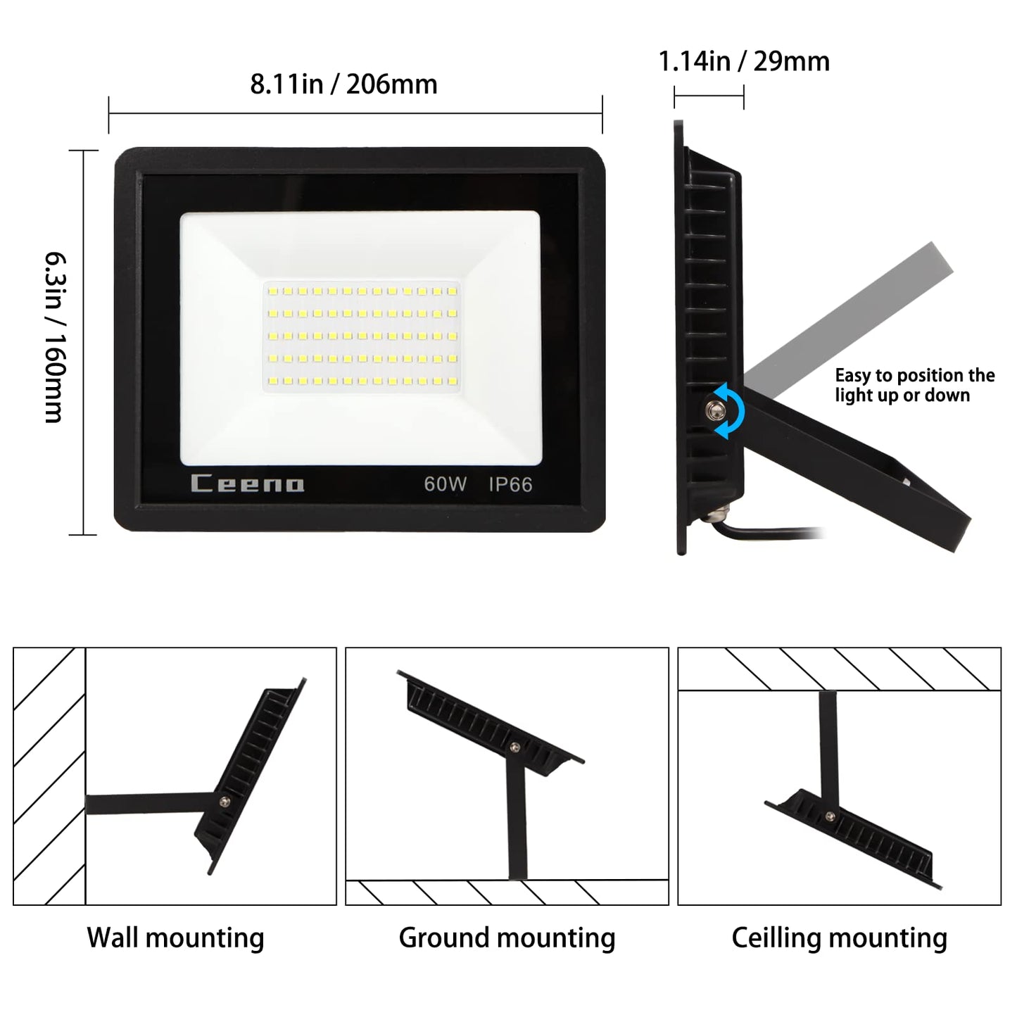 Ceena 2 Pack 60W Plug in LED Flood Light Outdoor, 6000lm Super Bright Floodlight with 5.9FT Wire, IP66 Waterproof 6000K LED Work Light for Garage, Yard, Patio, Front Door