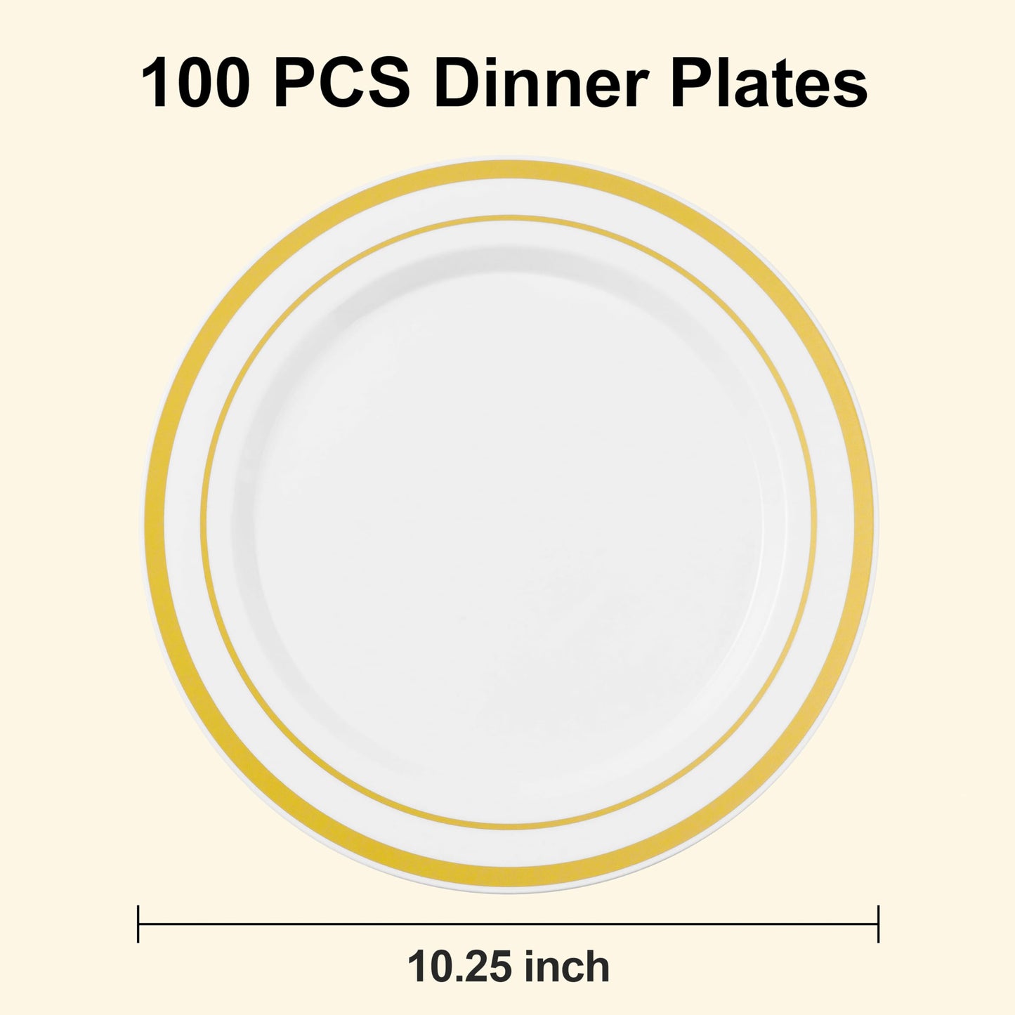 BESTSTAR 100PCS White Plastic Plates for Party, 10.25 Inch Disposable Plates with Gold Rim, Heavy Duty Dinner Plates for Christmas, Thanksgiving, Party, Wedding and Birthday