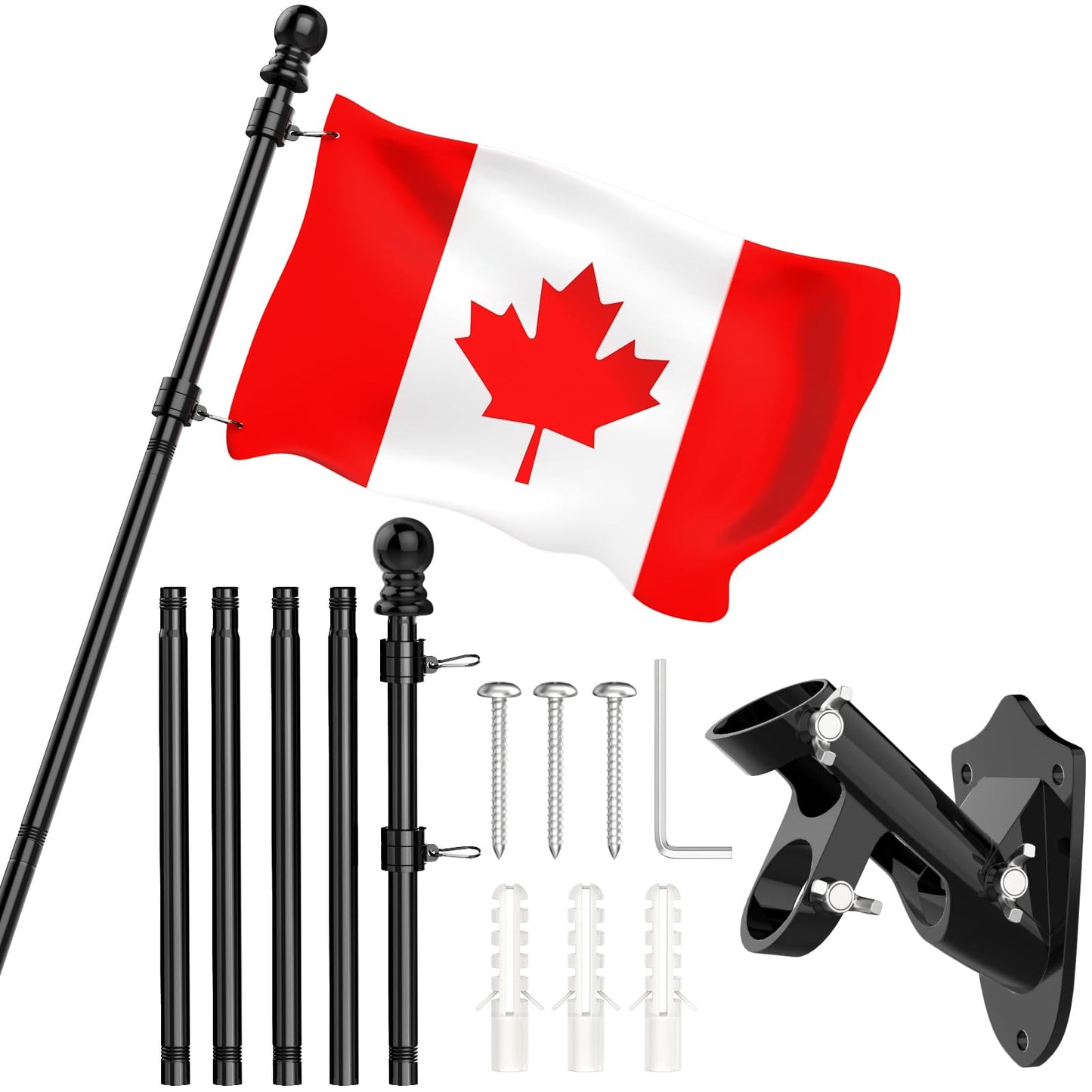 Hanotic 6FT Flag Pole with Canada Flag, with Mounting Bracket, 360° Tangle Stainless Steel, Residential or Commercial, for Garden, Yard, Patio