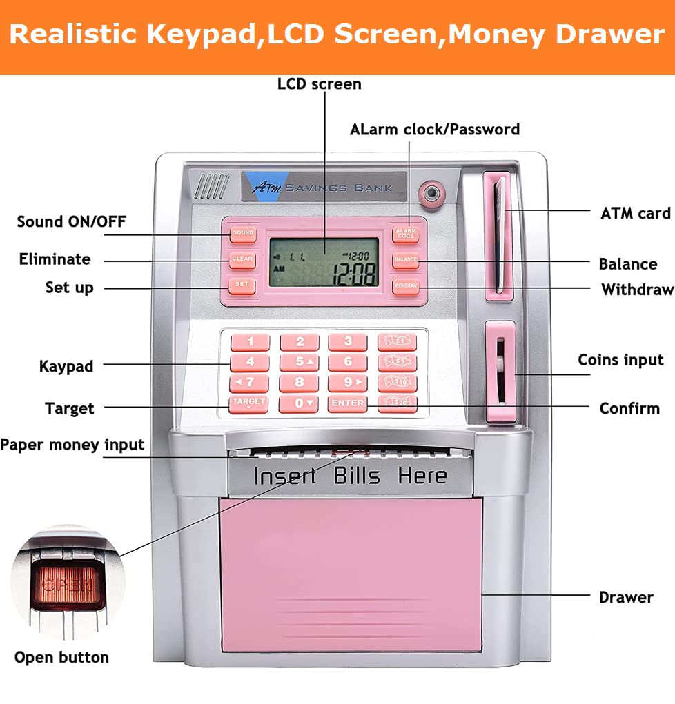 Canadian Dollars ATM Piggy Bank for Kids with Debit Card, Power-Off Memory, Coins Identification, Electronic Digital Coin Savings Money Bank Machine Box with Code