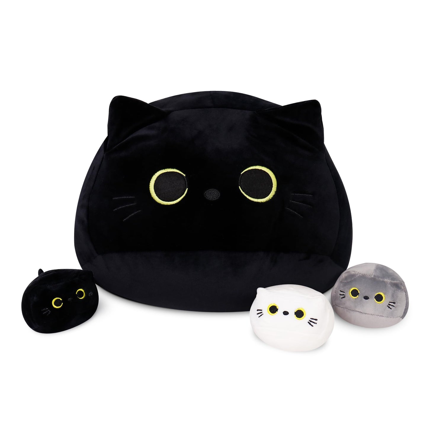 WeBingo Black Cat Plush Toy 4PK, 16'' Giant Cat Stuffed Animal Plushies Pillow with 3 Babies for Girl Boy Kid Adult, Large Big Soft Gift for Birthday Christmas Valentine's Day Home Decor