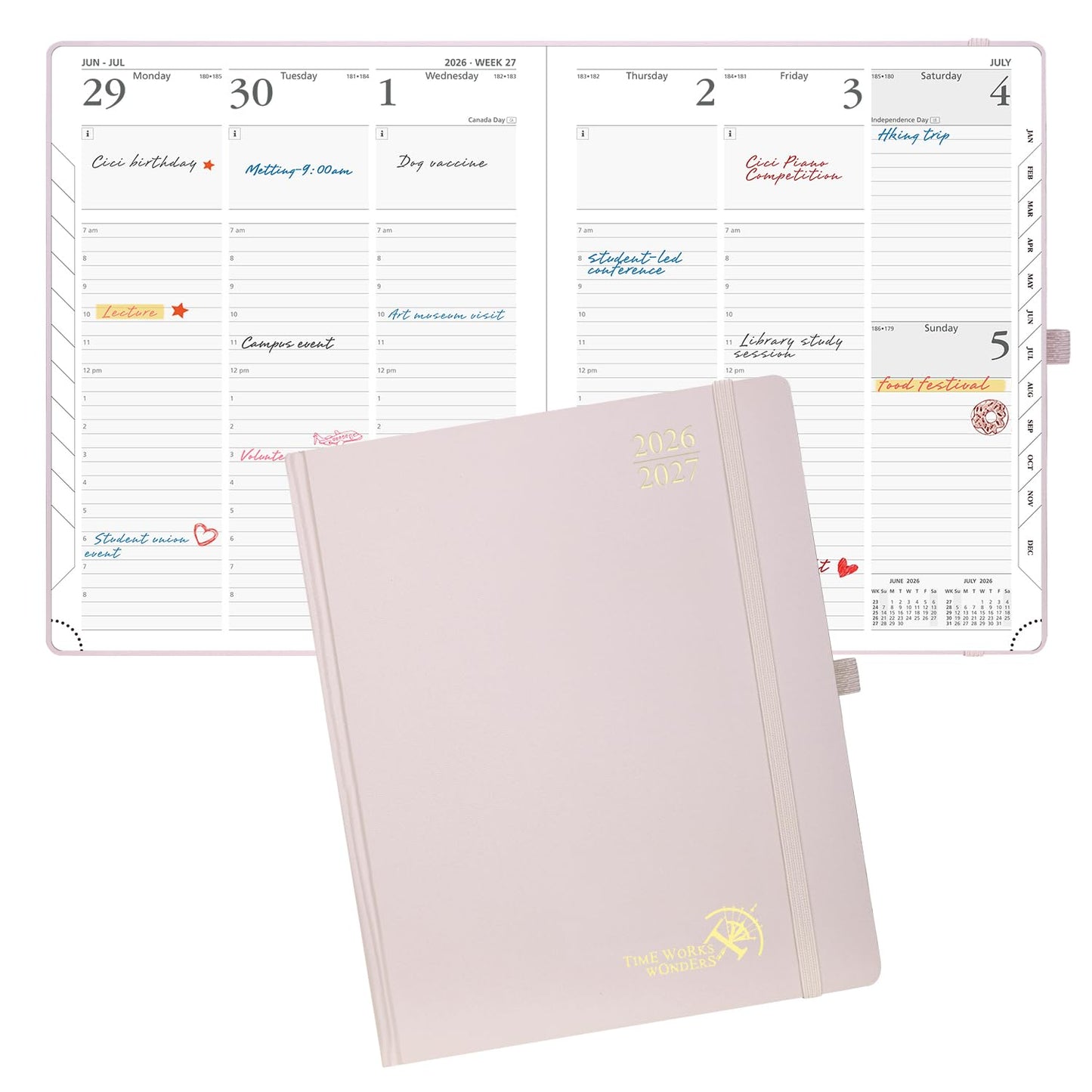 POPRUN 2026-2027 Academic Planner, Large Size 8.5" x 10.5", Weekly and Monthly Calendar, July 2026 to June 2027, Hardcover Appointment Book with Vertical Layout, Hourly Time Slots, Monthly Tabs - Light Pink
