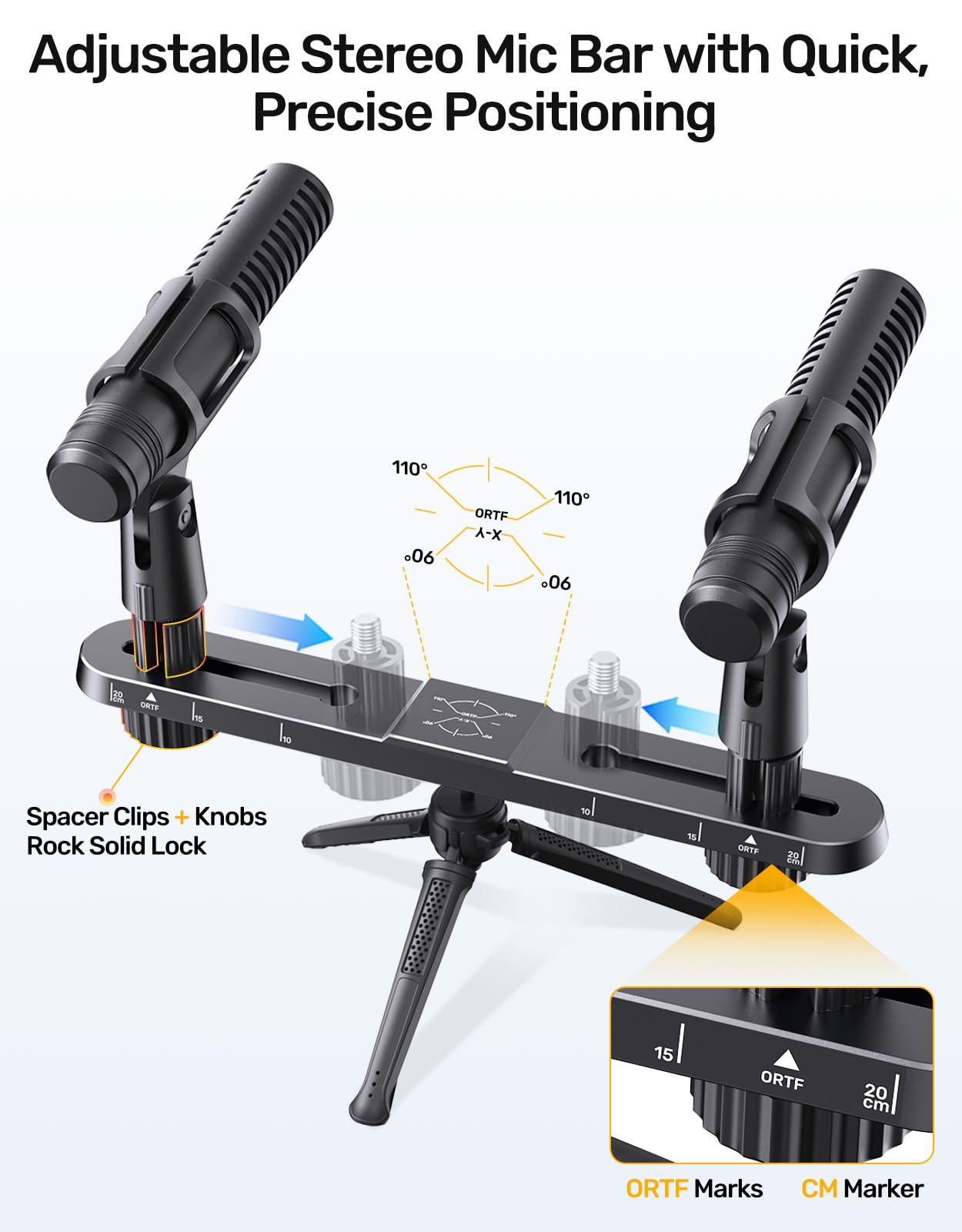 Stereo Mic Bar, Adjustable Dual Microphone Mount Bar,Universal Double Mic Holder for Stand,Precision Stereo Spacing Mic Bar for Podcast,Live Streaming,Studio Recording,Fit 3/8"&5/8" Threaded Mic Stand